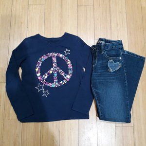 Girls Heart Jeans & Peace Sign Top Size 8